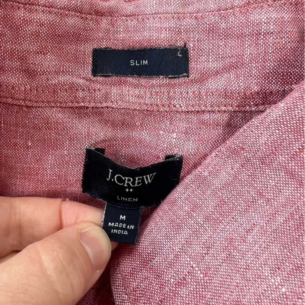 J. CREW Men's 100% Linen Slim Cut Button-Up Long Sleeve Shirt Pink Red, Medium
